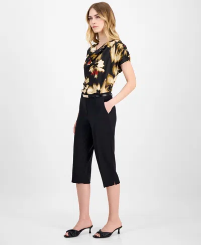 Anne Klein Women's Belted Pedal-pusher Urban-stretch Pull-on Capri Pants