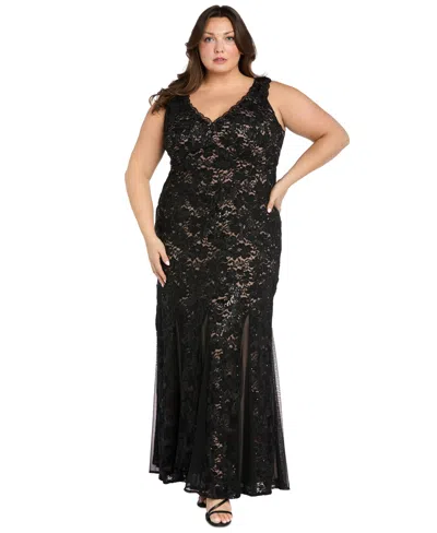 R & M Richards 3279w Long Formal Sequin Plus Size Lace Dress In Black