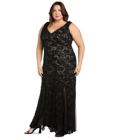 R & M Richards 3279w Long Formal Sequin Plus Size Lace Dress In Black