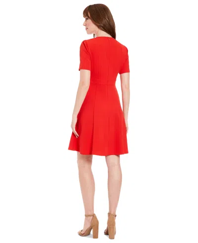 London Times Button Tab Fit & Flare Dress In Red