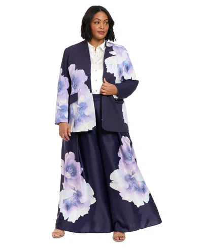 Muse Plus Size Floral-print Jacket In Blue