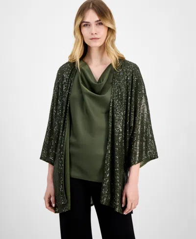 Anne Klein Sequin Draped Open Front Cardigan In Green