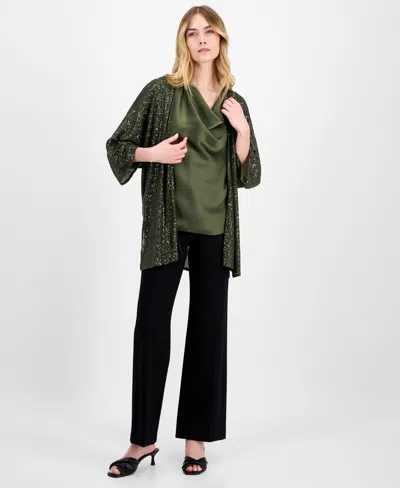 Anne Klein Sequin Draped Open Front Cardigan In Green