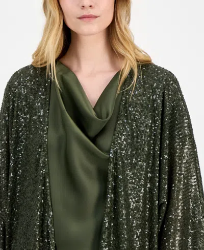 Anne Klein Sequin Draped Open Front Cardigan In Green