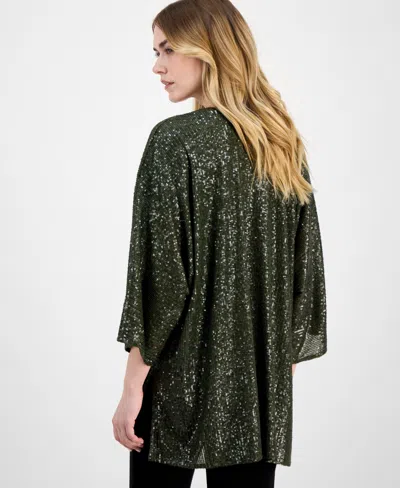 Anne Klein Sequin Draped Open Front Cardigan In Green