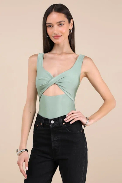Lulus Basima Sage Green Cutout Twist-front Sleeveless Bodysuit In Gray