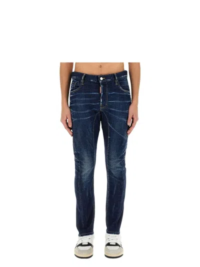 Dsquared2 Blue Jeans With Belt Loops And Logo Patch On The Rear In Blue