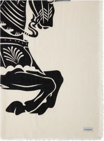 Burberry Off-white & Black Wide Ekd Wool Scarf