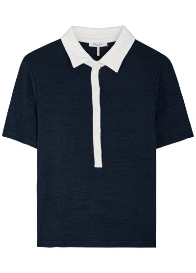 Rag & Bone The Knit Button Short Sleeve Polo Navy Multi In Blue