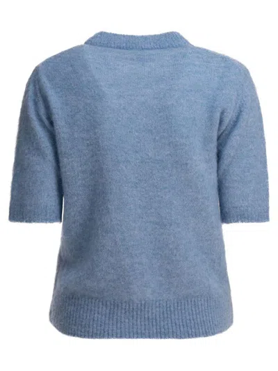 Ganni Womens Soft Chambray Logo Puppies Wool-blend Knit Top