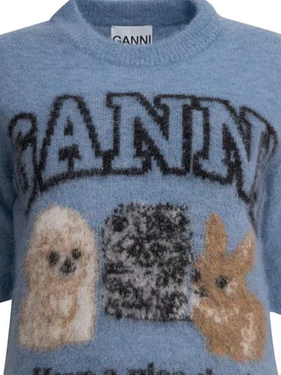 Ganni Womens Soft Chambray Logo Puppies Wool-blend Knit Top