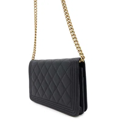 Pre-owned Chanel Black Grained Calfskin Chain/shoulder Wallet ()