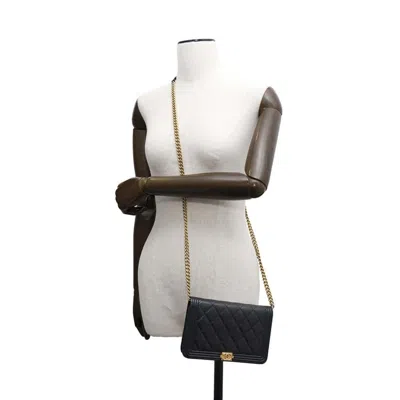 Pre-owned Chanel Black Grained Calfskin Chain/shoulder Wallet ()