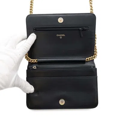 Pre-owned Chanel Black Grained Calfskin Chain/shoulder Wallet ()