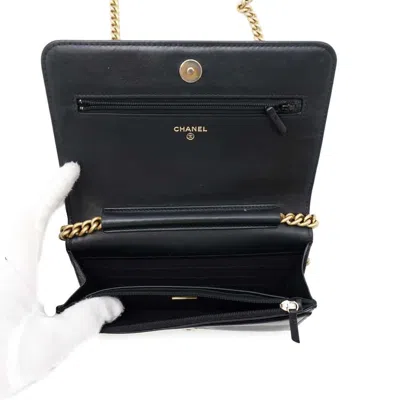 Pre-owned Chanel Black Grained Calfskin Chain/shoulder Wallet ()