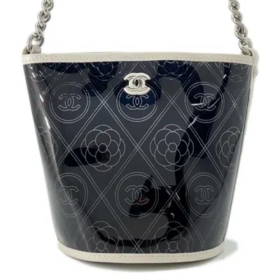 Pre-owned Chanel Camellia Black White Vinyl Leather Pouch Shoulder Bag ()