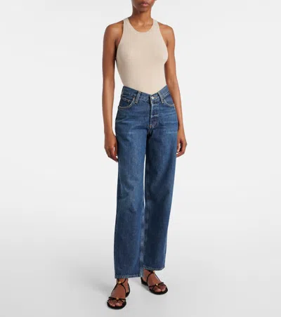 Agolde Wide-leg Denim Trousers With Metal Buttons In Blue