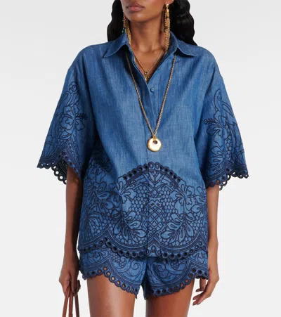 Zimmermann Denim Shirt With Floral Embroidery And Collared Neck In Blue