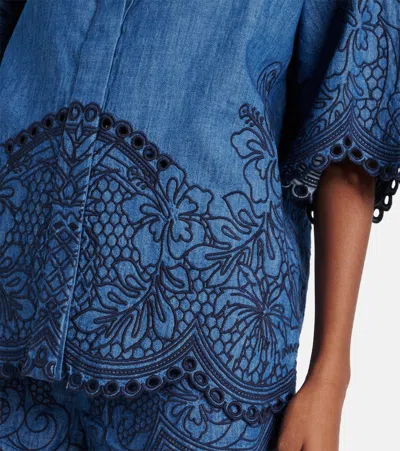 Zimmermann Denim Shirt With Floral Embroidery And Collared Neck In Blue