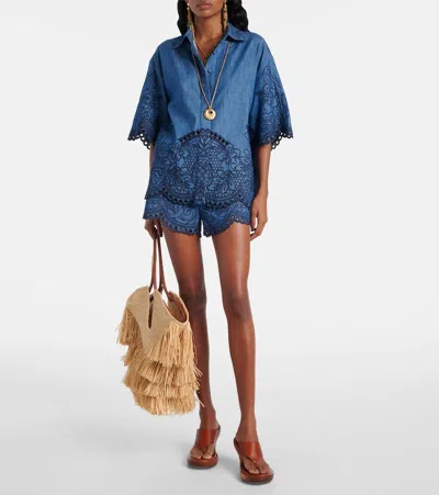Zimmermann Denim Shirt With Floral Embroidery And Collared Neck In Blue
