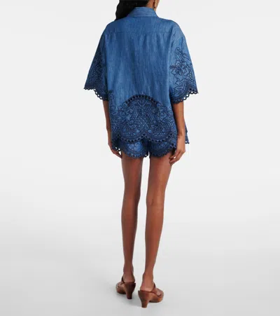 Zimmermann Denim Shirt With Floral Embroidery And Collared Neck In Blue