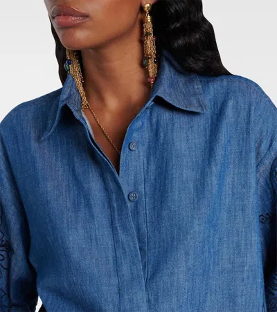 Zimmermann Denim Shirt With Floral Embroidery And Collared Neck In Blue