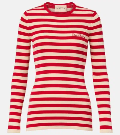 Valentino Embroidered Striped Ribbed-knit Cotton Sweater In Red