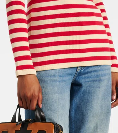 Valentino Embroidered Striped Ribbed-knit Cotton Sweater In Red