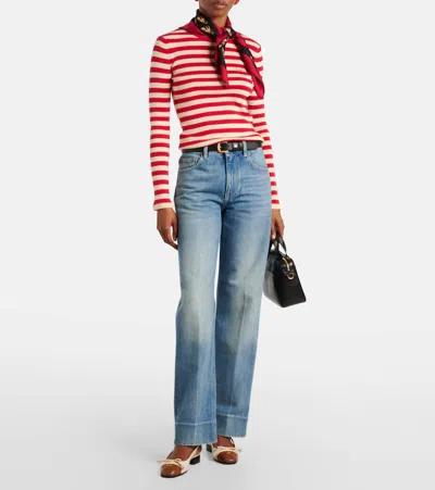 Valentino Embroidered Striped Ribbed-knit Cotton Sweater In Red