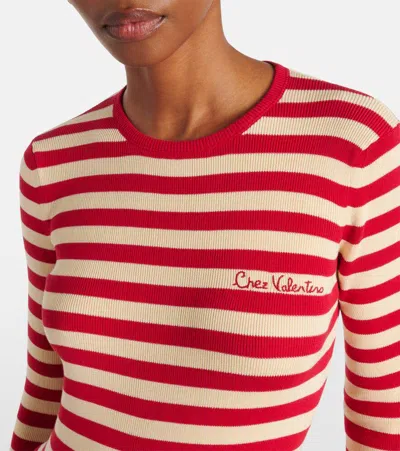 Valentino Embroidered Striped Ribbed-knit Cotton Sweater In Red