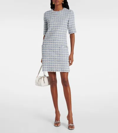Versace Short-sleeve Windowpane Tweed Boucle Mini Dress In Blue