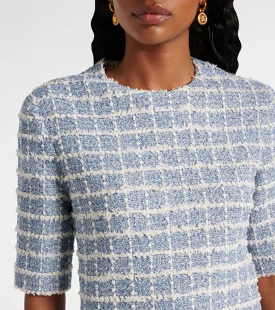 Versace Short-sleeve Windowpane Tweed Boucle Mini Dress In Blue