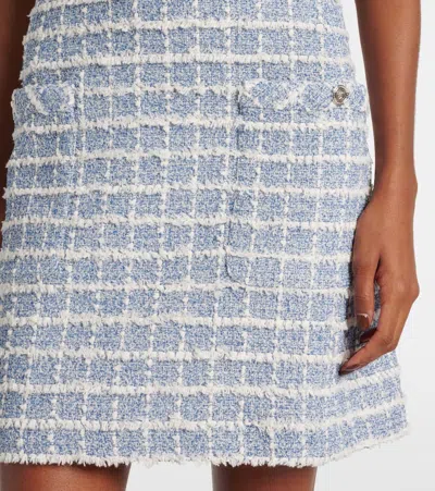 Versace Short-sleeve Windowpane Tweed Boucle Mini Dress In Blue
