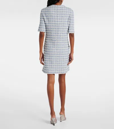 Versace Short-sleeve Windowpane Tweed Boucle Mini Dress In Blue