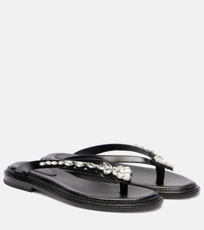 Simone Rocha Womens Black/comb Embellished Thong Leather Sandals Eur 40 / 7 Uk