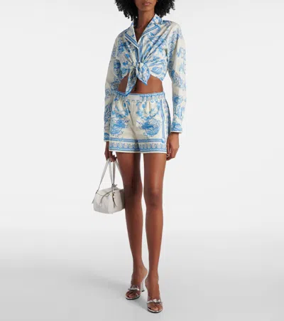 Versace Underwater Barocco Foulard Cotton Poplin Crop Shirt In Blue