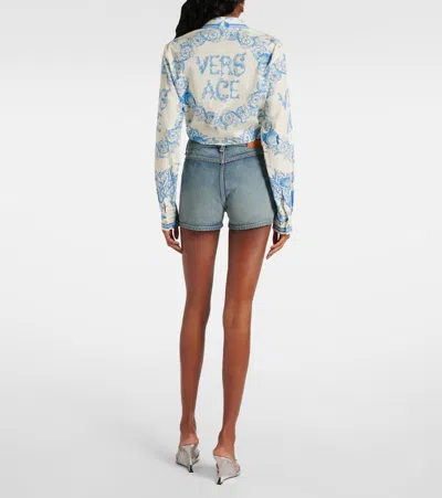 Versace Underwater Barocco Foulard Cotton Poplin Crop Shirt In Blue