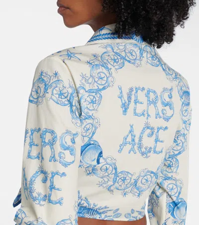 Versace Underwater Barocco Foulard Cotton Poplin Crop Shirt In Blue