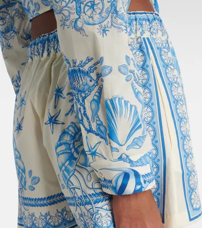 Versace Underwater Barocco Foulard Cotton Poplin Crop Shirt In Blue