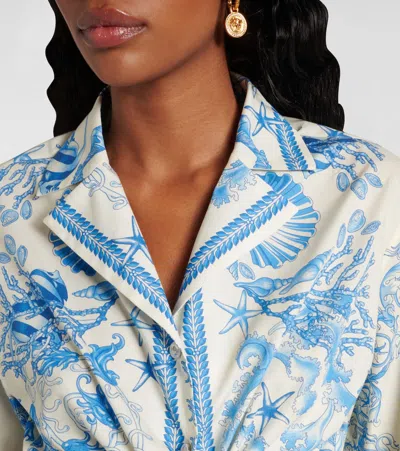Versace Underwater Barocco Foulard Cotton Poplin Crop Shirt In Blue