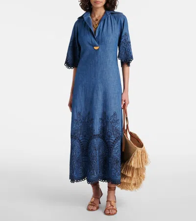 Zimmermann Coco Embroidered Denim Long Dress In Blue