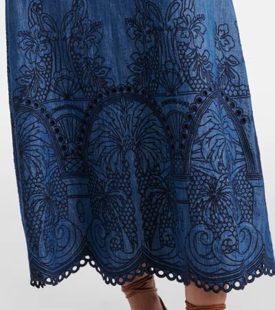 Zimmermann Coco Embroidered Denim Long Dress In Blue
