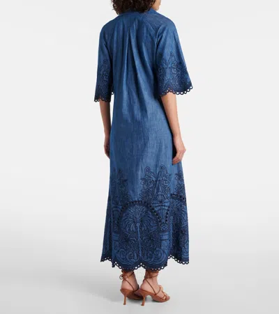 Zimmermann Coco Embroidered Denim Long Dress In Blue