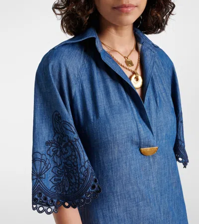 Zimmermann Coco Embroidered Denim Long Dress In Blue