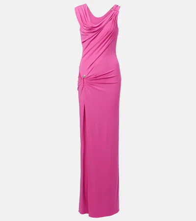 Versace Safety-pin Draped Crepe Jersey Slit Gown In Pink
