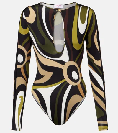 Pucci Marmo Printed Satin Bodysuit In Black