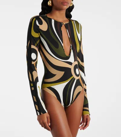 Pucci Marmo Printed Satin Bodysuit In Black