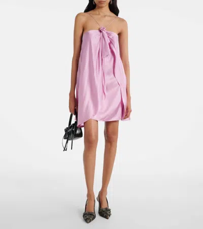 荷叶边挂脖缎布迷你连衣裙