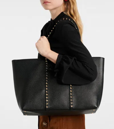 Valentino Rockstud Leather Tote Bag In Black