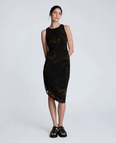 Kenneth Cole Sandra Side Ruched Asymmetrical Mesh Tank Dress In Black
